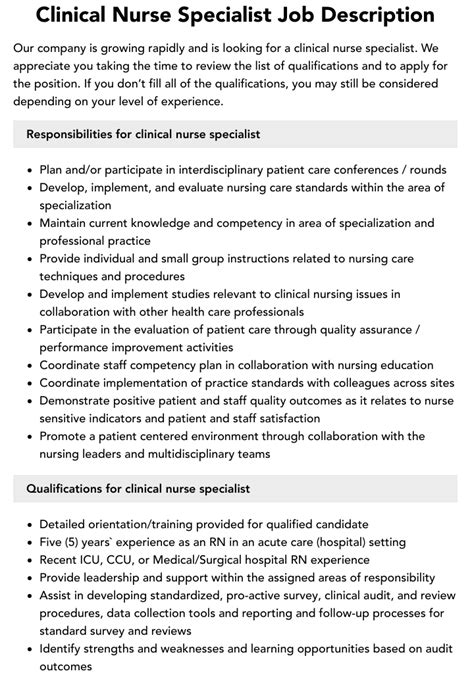 Clinical Specialist Nurse Responsibilities