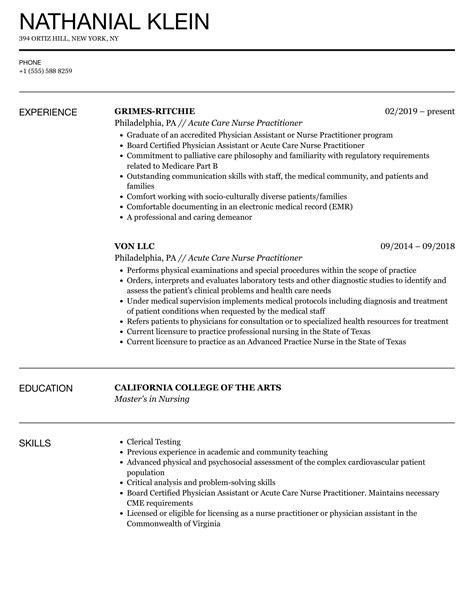 Acute Care Nurse Practitioner Resume