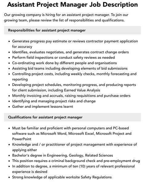 Assistant Project Manager Job Description