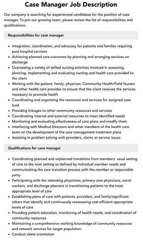 Case Manager Job Requirements