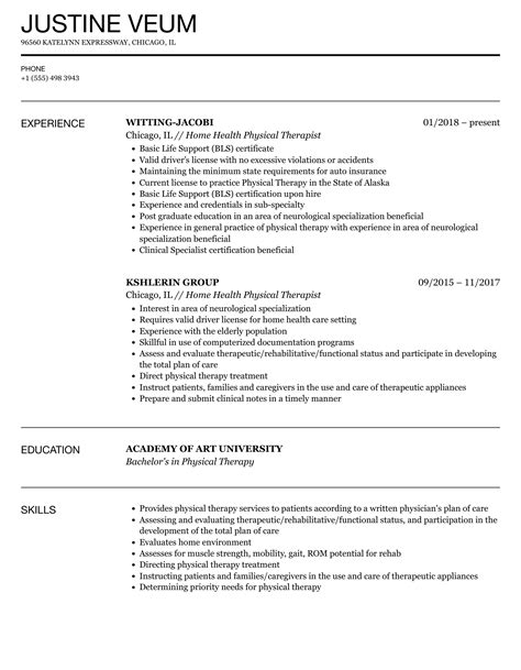 Home health physical therapy resume