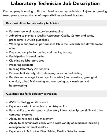 Lab Technician Job Description