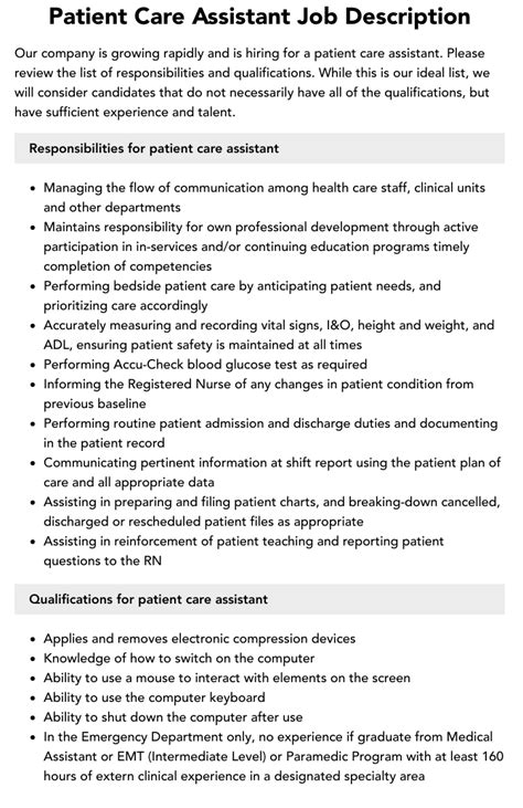 Patient Care Assistant Responsibilities