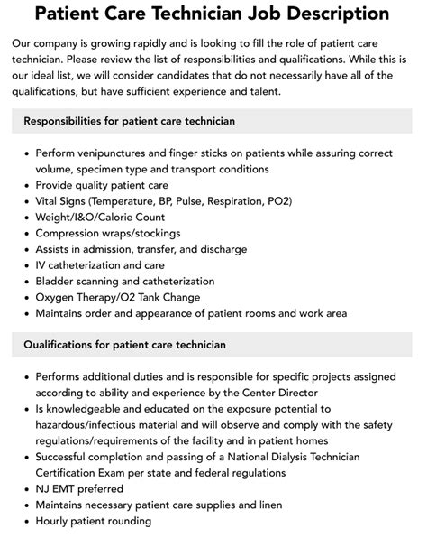 Patient Care Technician Job Description