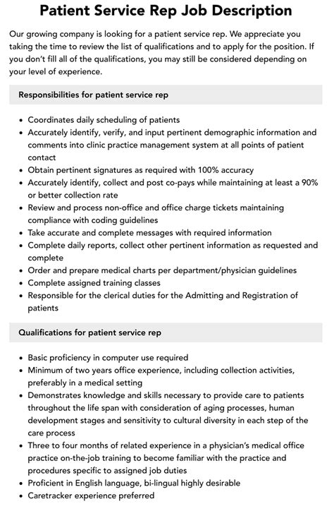 Patient Service Representative Work Environment
