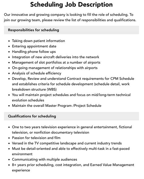 Scheduling Job Requirements