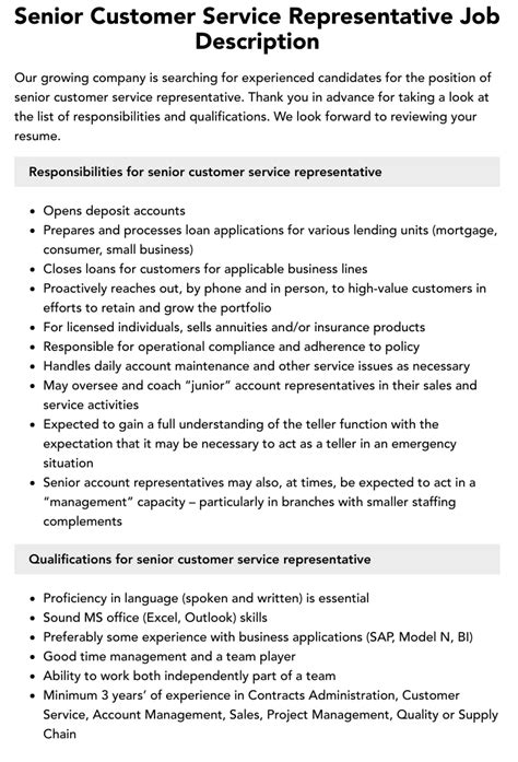 Senior Customer Service Representative