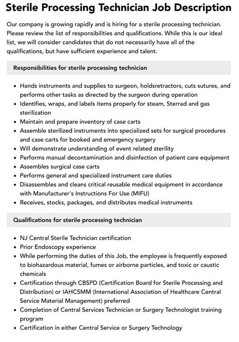 Sterile Processing Technician Responsibilities